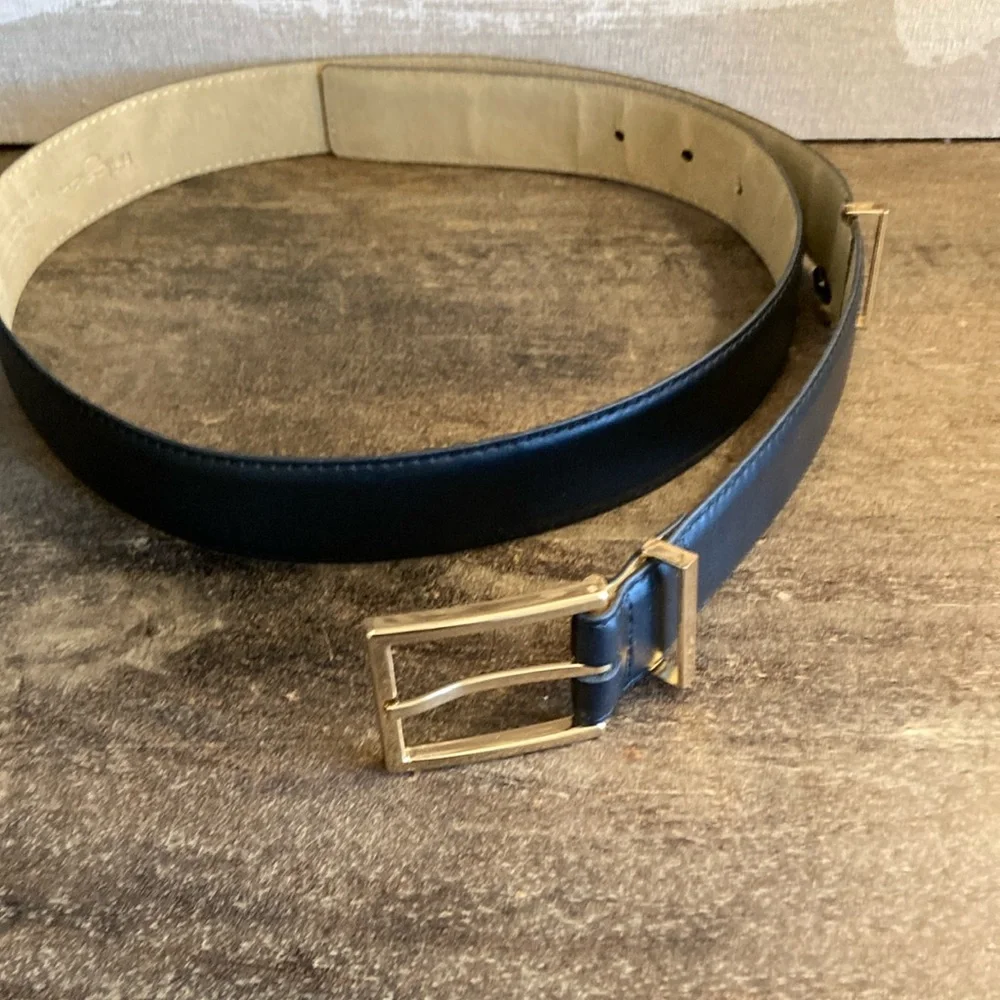 Halogen Men's Black Leather Belt Gold Tone Buckle Size Large Trouser Fit Classic